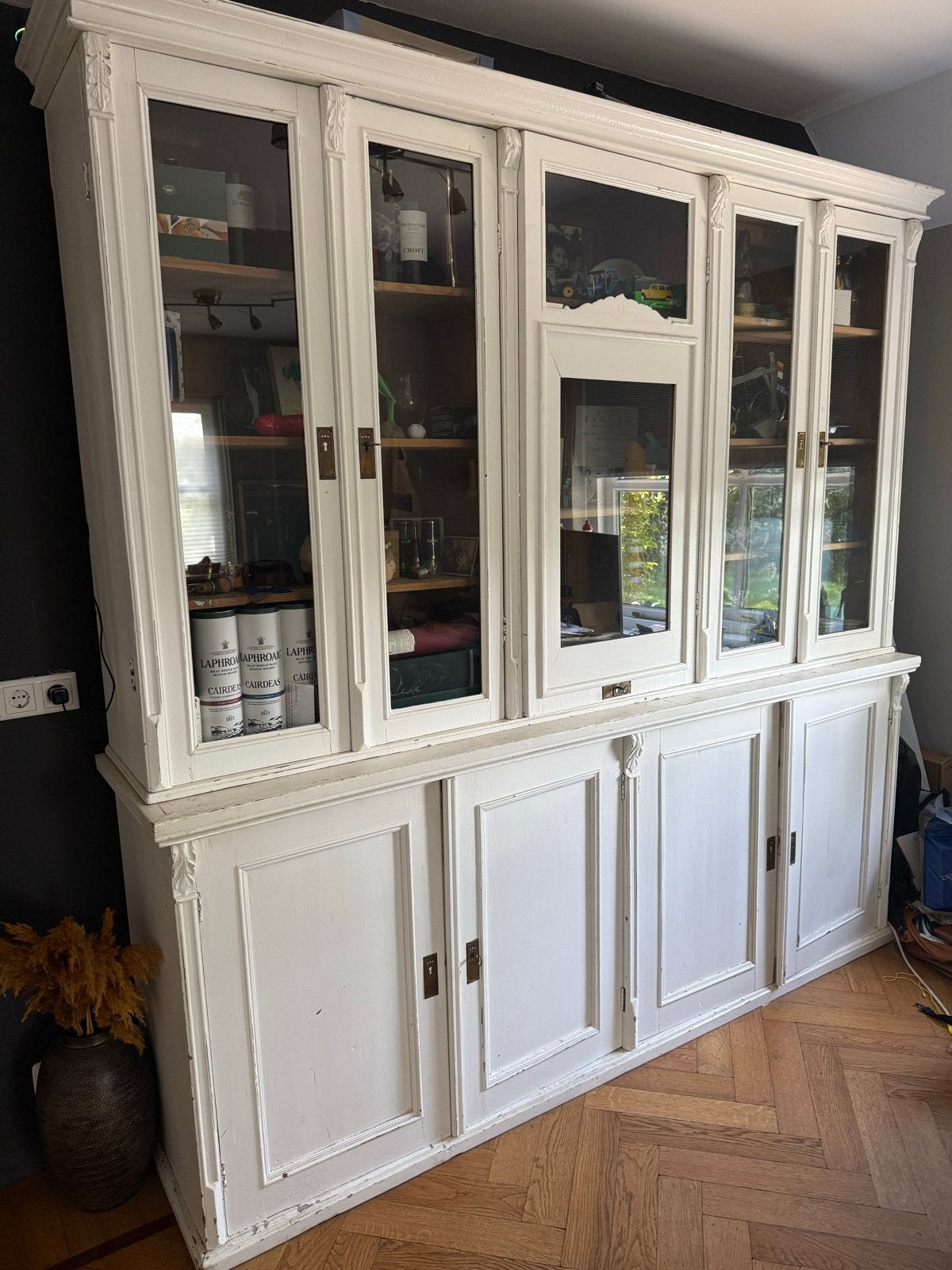 Antieke witte vitrinekast/boekenkast B226*H228*D49cm, Ophalen