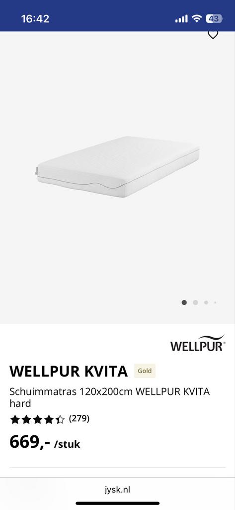WELLPUR KVITA Schuimmatras 120x200cm, hard, Huis en Inrichting, Ophalen of Verzenden, Zo goed als nieuw, Twijfelaar, 200 cm
