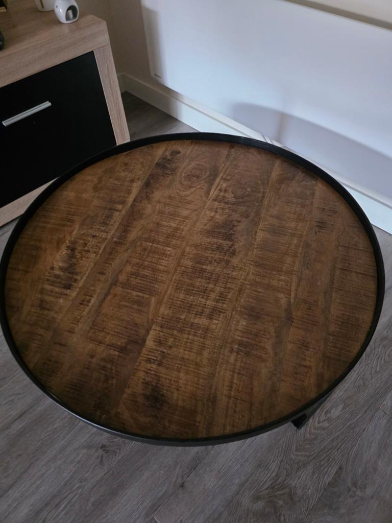 Ronde houte tafel met ijzeren frame, Ophalen, 100 tot 150 cm, Rond, 50 tot 100 cm