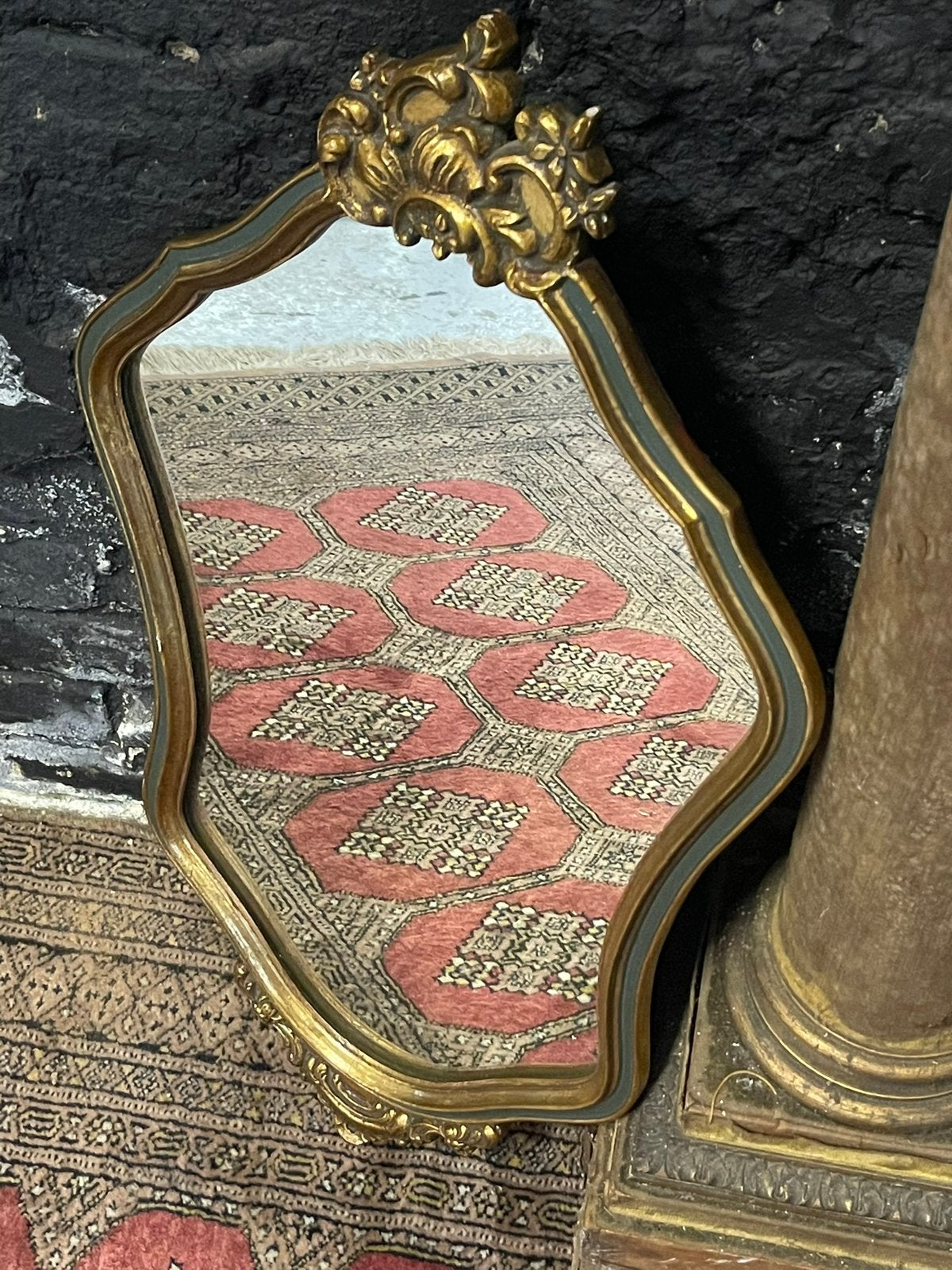 Vintage antieke Reco spiegel barok goud groene lijst België, Antiek en Kunst, Ophalen, Overige vormen, Minder dan 50 cm, Minder dan 100 cm