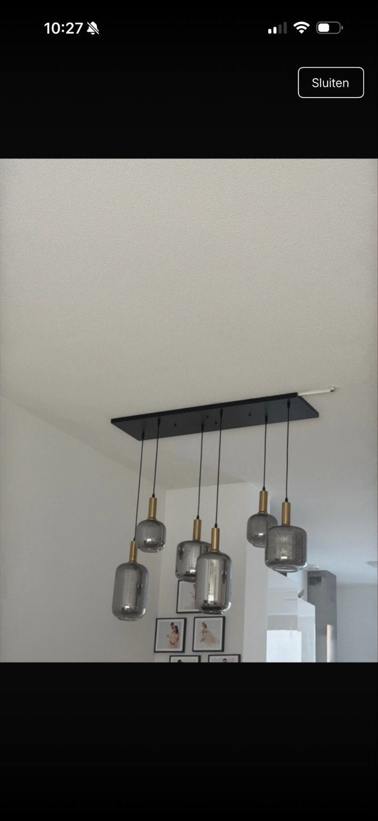 Moderne hanglamp met 6 glazen kappen, Huis en Inrichting, Ophalen of Verzenden, Zo goed als nieuw, Glas, Modern, Industrieel