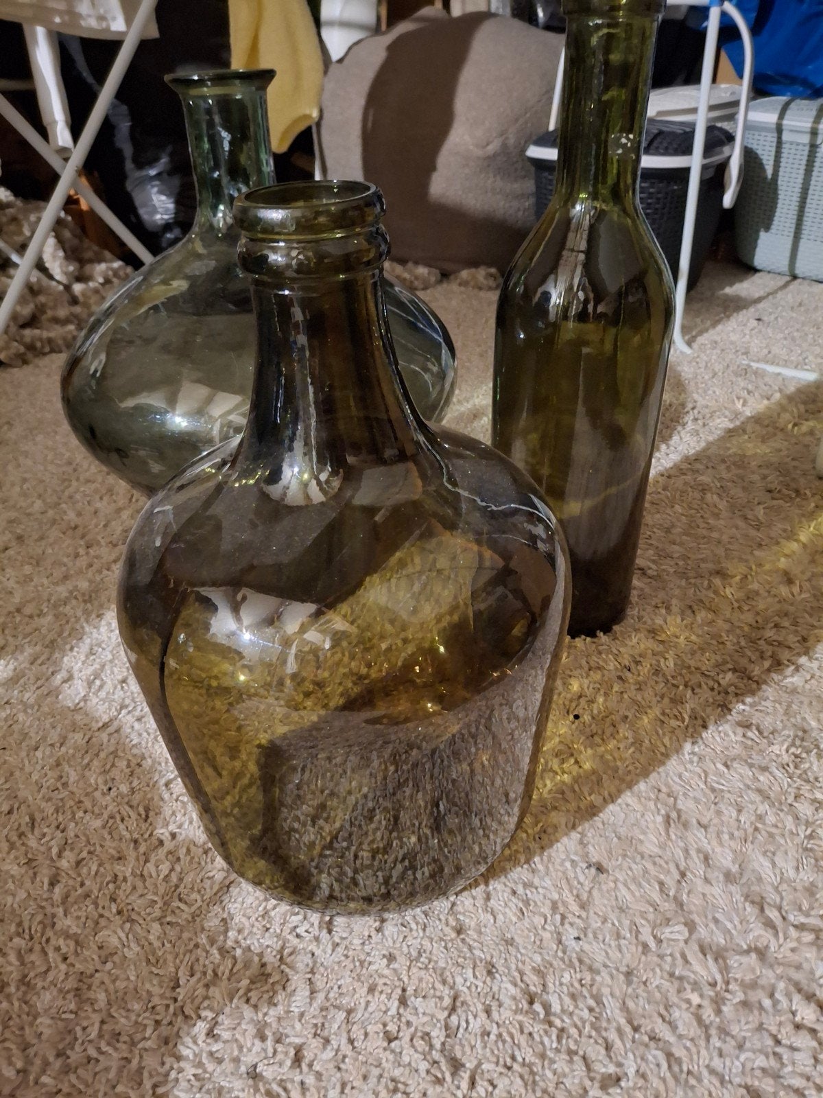 Set van 3 Vintage Groene Glazen Flessen/Vazen, Ophalen