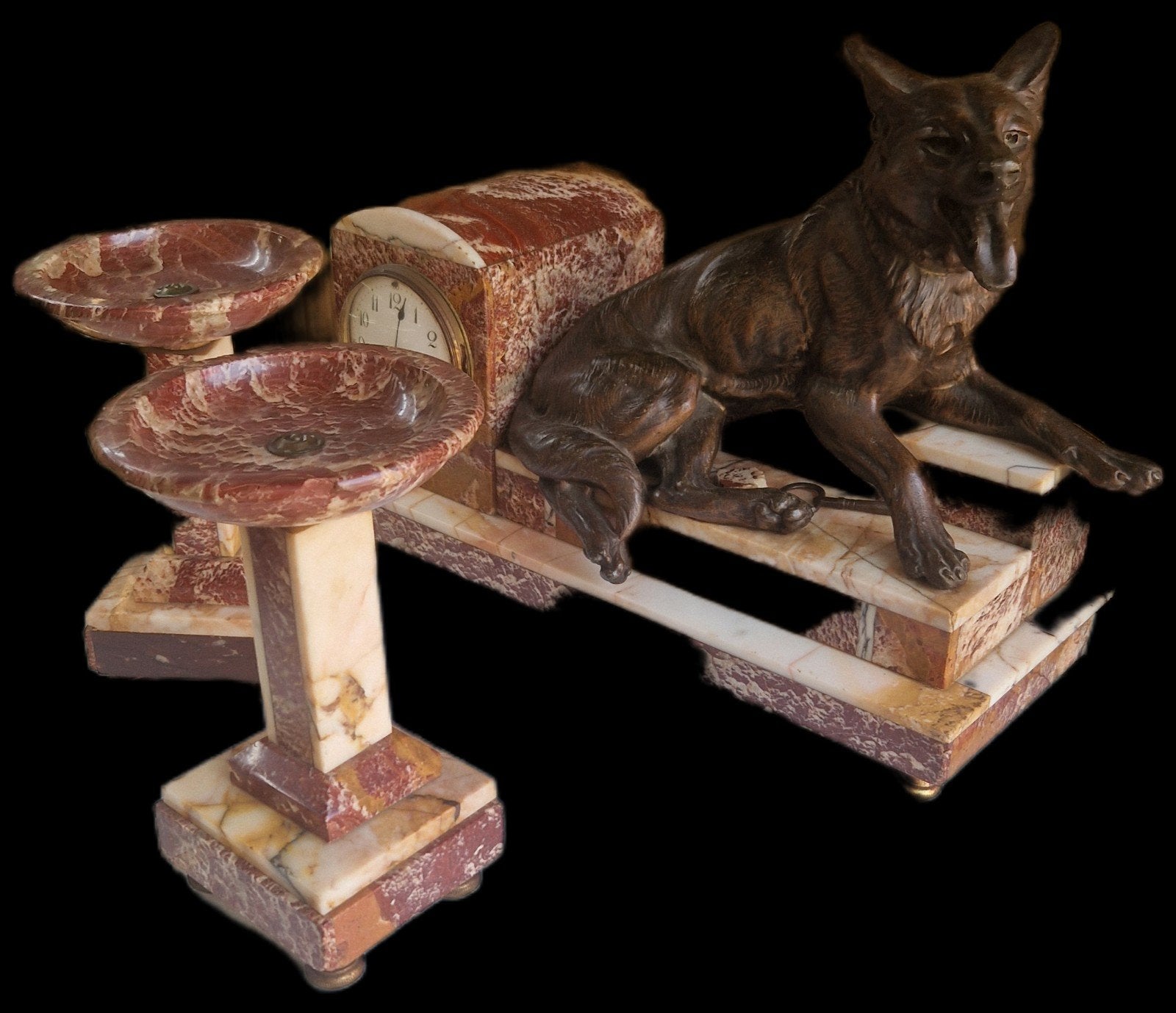 Antieke marmeren pendule met bronz kleurig  hond, Antiek en Kunst, Antiek | Klokken, Ophalen of Verzenden