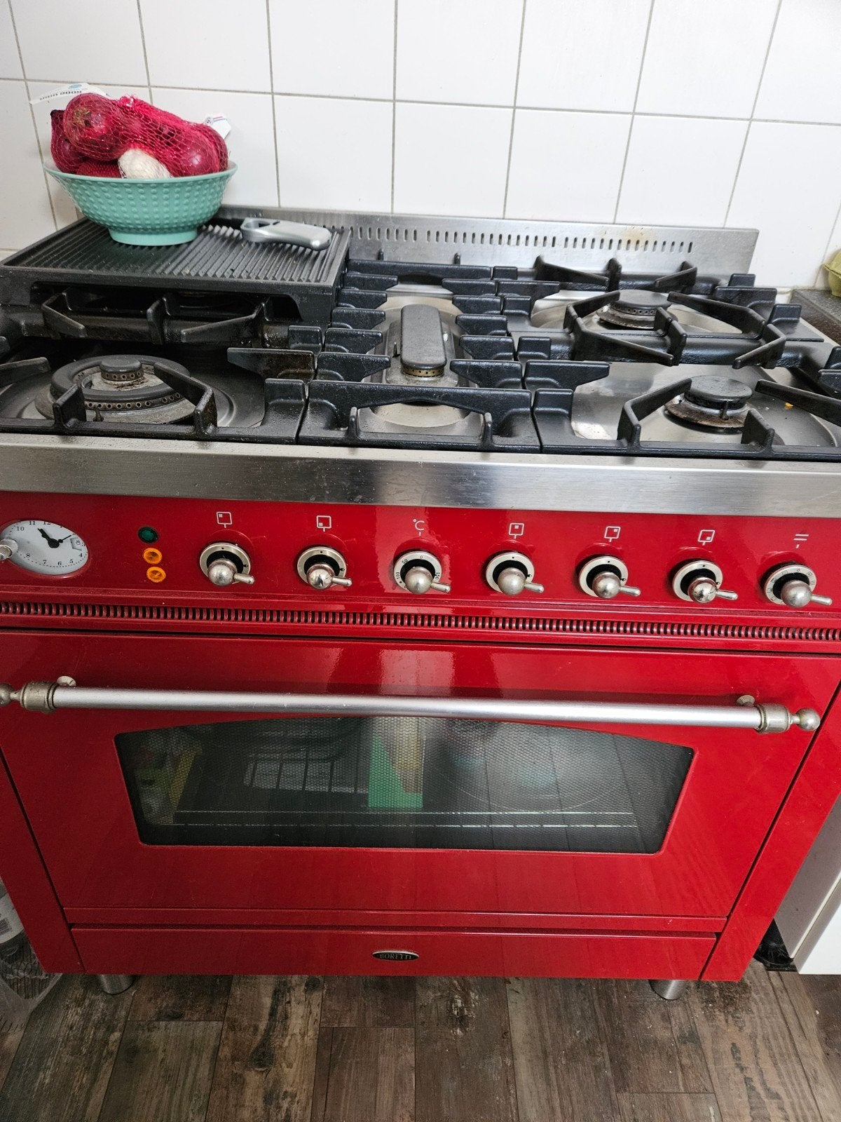 Boretti gasfornuis met oven, 5 pitten en wokbrander, Ophalen, 60 cm of meer, Zo goed als nieuw, Gas