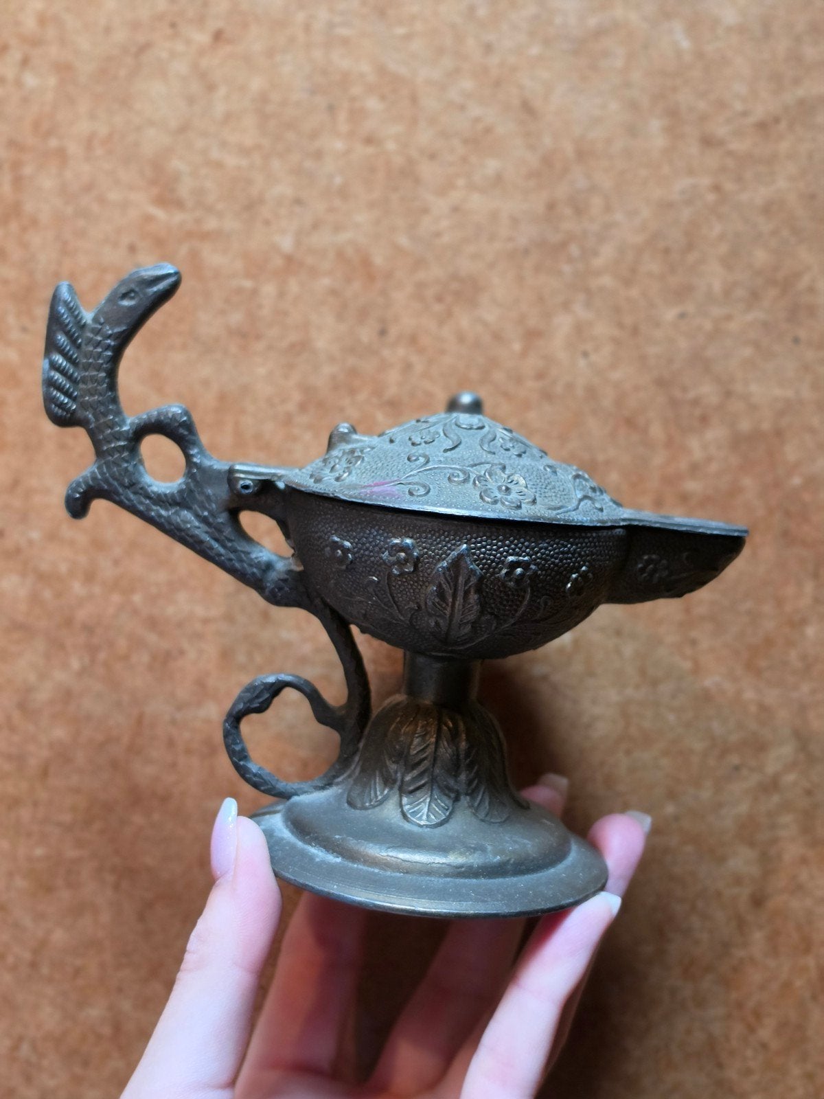 Antieke messing olielamp in de vorm van een draak, Ophalen of Verzenden
