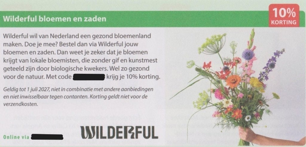 Wilderfull bloemen en zaden 10% korting. Postcodeloterij bon, Eén persoon, Kortingsbon, Warenhuis- of Winkelbon