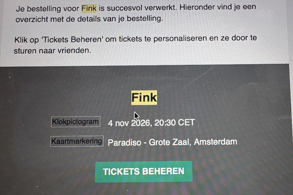 Fink concert Paradiso 4 nov 26, Twee personen, November