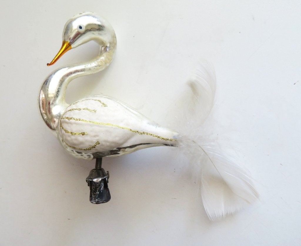 Kerstbal Vogel op knijper Zwaan Pluimstaart vleugel wit goud, Ophalen of Verzenden