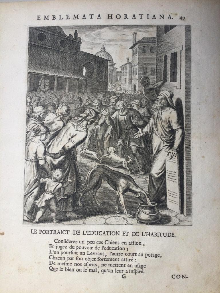Emblemata, Gewoonte is de tweede natuur, Otto van Veen,1607, Antiek en Kunst, Kunst | Etsen en Gravures, Dagelijks leven, 27 cm