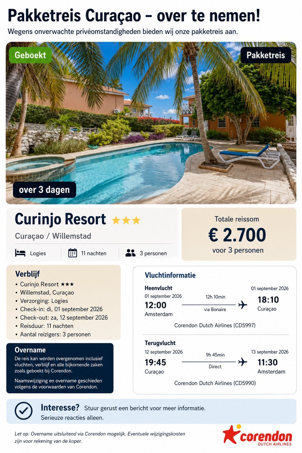 Last Minute vakantie naar Curaçao – 3 pers – 1 t/m 12 sept, 3 overnachtingen of meer