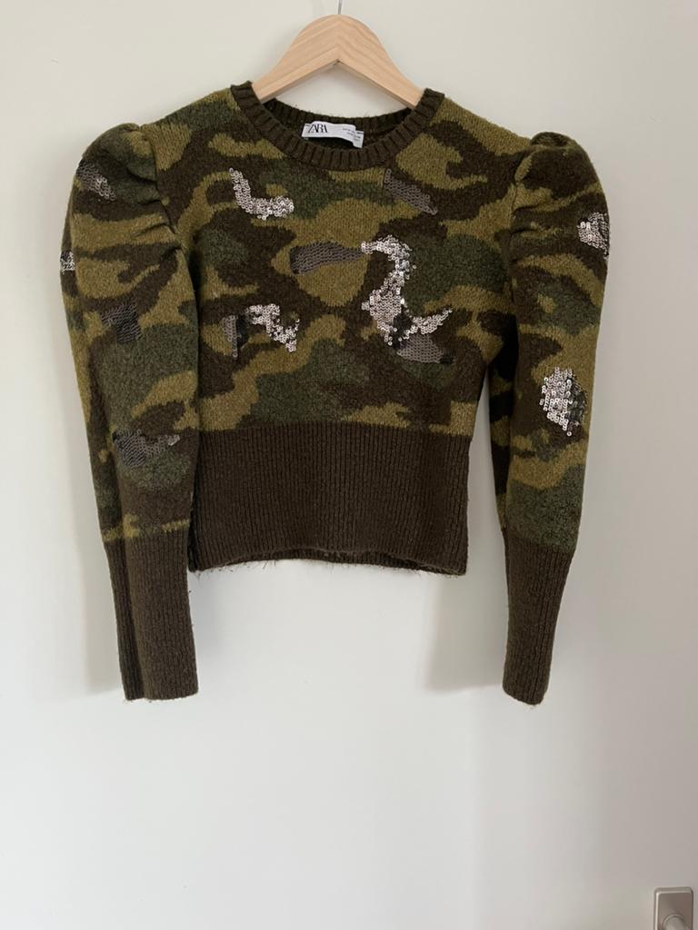Donkergroene / khaki gebreide trui patroon, maat 38/M Zara, Ophalen of Verzenden, Zo goed als nieuw, Maat 38/40 (M), Groen