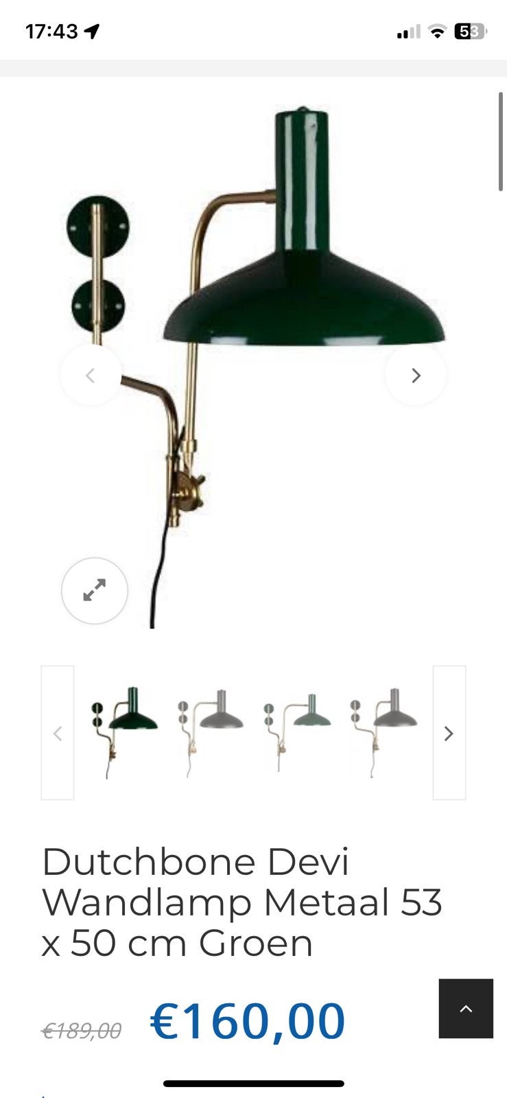 Dutchbone Devi Wandlamp Groen, Ophalen, Zo goed als nieuw, Metaal