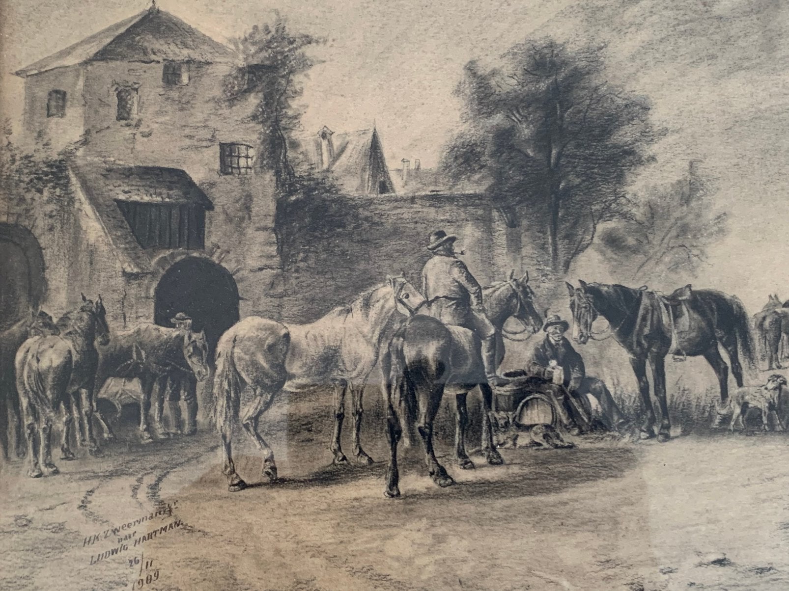 Antieke  tekening met paarden bij herberg, Ophalen of Verzenden