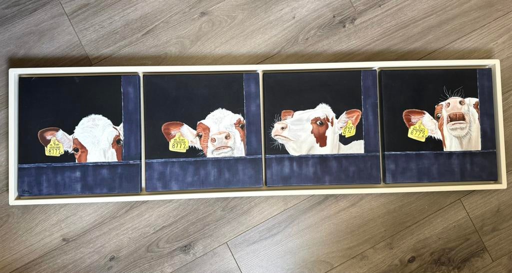 Vierluik schilderij koeien (olieverf) in baklijst, Huis en Inrichting, Woonaccessoires | Schilderijen, Tekeningen en Foto's, Ophalen