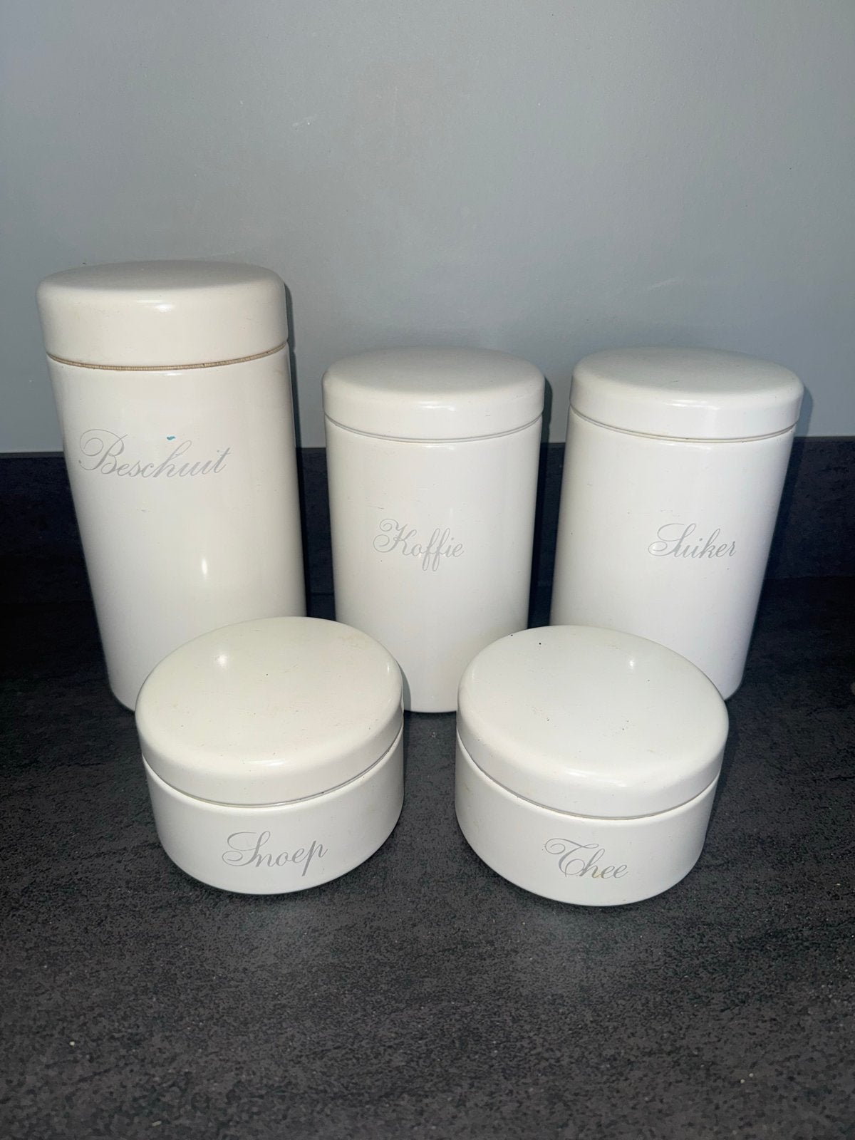 Vintage voorraadpotten set - Beschuit, Koffie, Suiker, Snoep, Gebruikt, Ophalen of Verzenden, Voorraadpot, Steen/keramiek