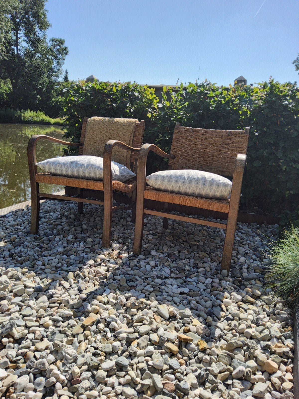 Fauteuil van hout en touw jaren 50 set van 2, Ophalen