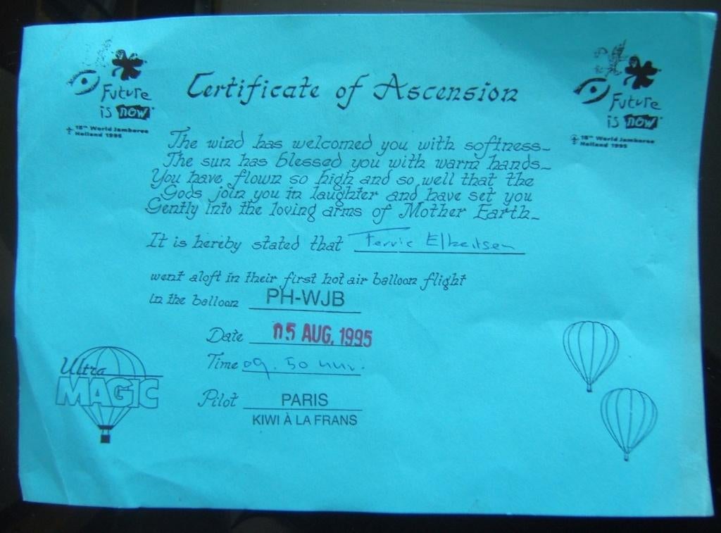 jamboree 1995 certificaat Ballon vlucht padvinder, Verzenden, Zo goed als nieuw, Boek of Tijdschrift