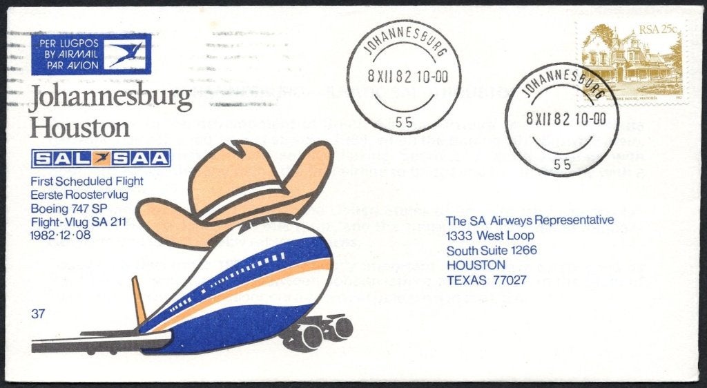 1e SAL SAA vlucht Johannesburg - Houston 1982, Verzenden, Envelop