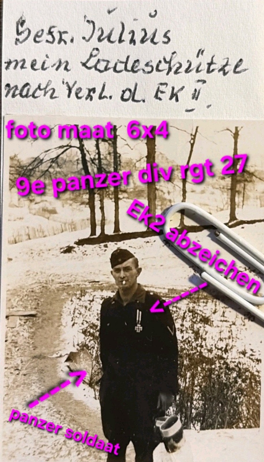 wo2foto duits soldaat 9e panzer.div. rgt.27 abzeichen ek2
ki, Verzamelen, Ophalen of Verzenden, Duitsland, Foto of Poster