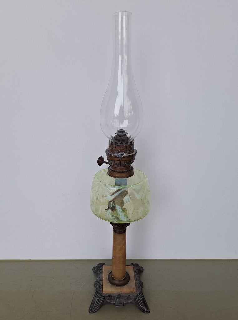 vintage Franse art-deco olielamp uranium-glas marmer h= 63cm, Ophalen of Verzenden