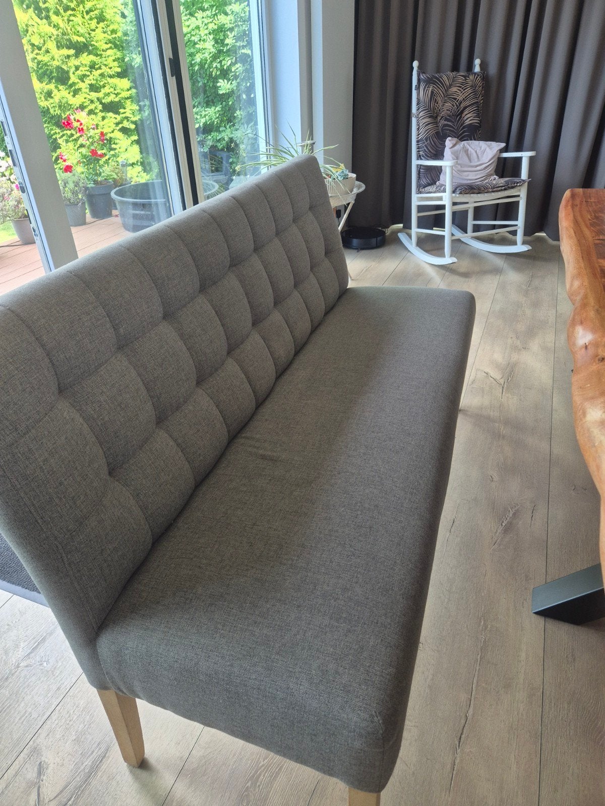 Stijlvolle grijze eetbank met gecapitonneerde rugleuning, Ophalen, Modern, Scandinavisch, 150 tot 200 cm, Driepersoons