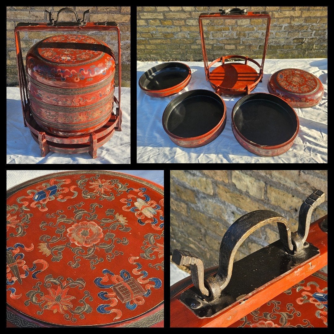 antiek Chinese bruidsmand, rood gelakt bamboe., Ophalen, Natuurlijk materiaal, Doos, China