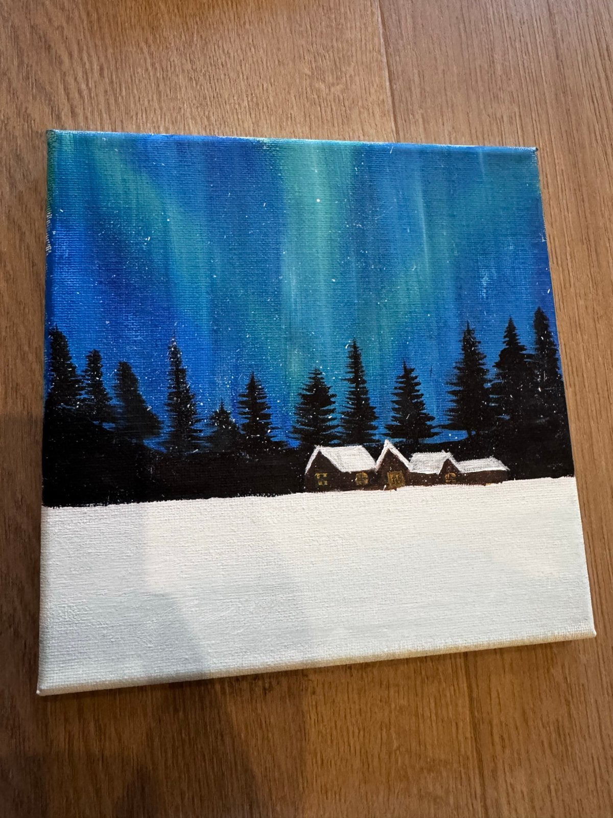Schilderij Noorderlicht met besneeuwde huisjes, Acrylverf, Handgeschilderd, Textiel, Landschap