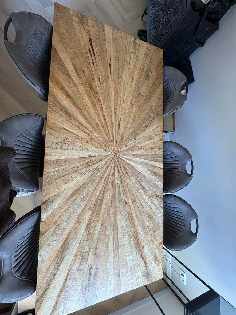 Eikenhouten Eettafel met Sunburst Patroon, 100 tot 150 cm, Eikenhout, Ophalen of Verzenden, Zo goed als nieuw