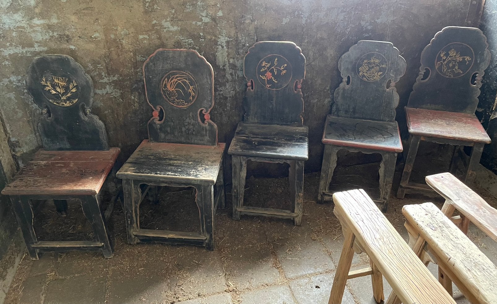 Set van 5 Oude Antieke Chinese Stoelen - Uniek Design, Ophalen