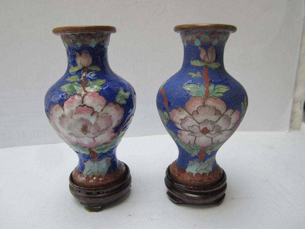 Oude cloisonne vaasjes 2 stuks met onderzetters (nr.2), Ophalen of Verzenden