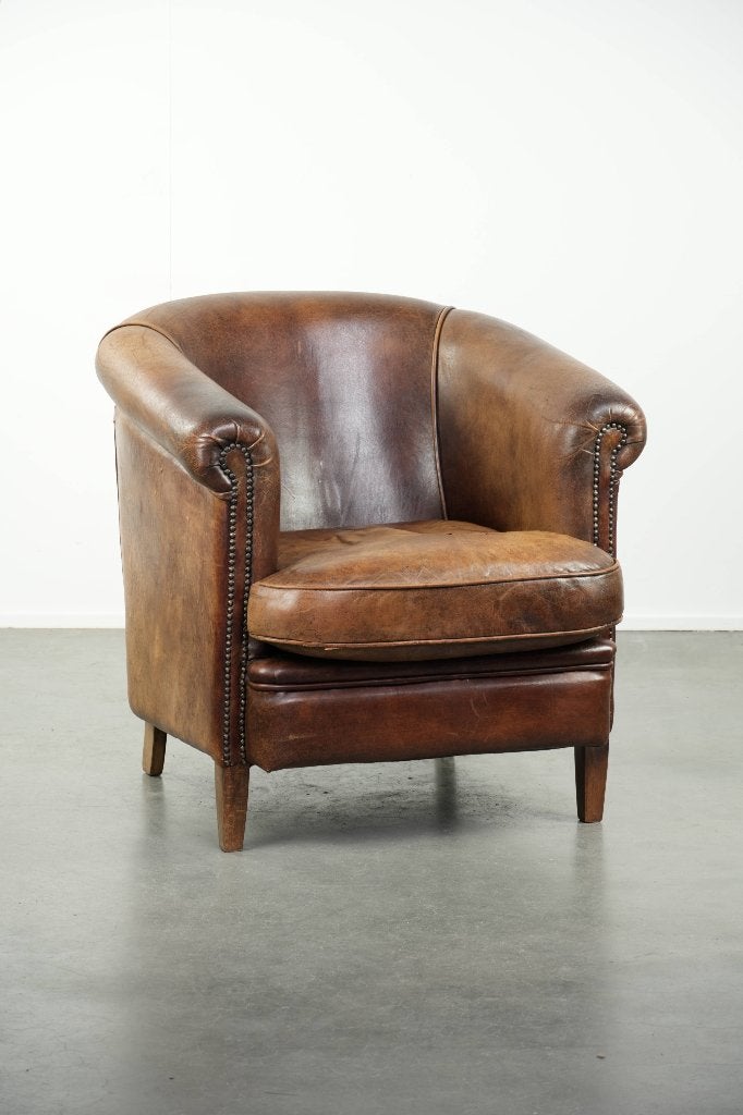 Stoere en begeerlijke vintage schapenleren clubfauteuil, Ophalen