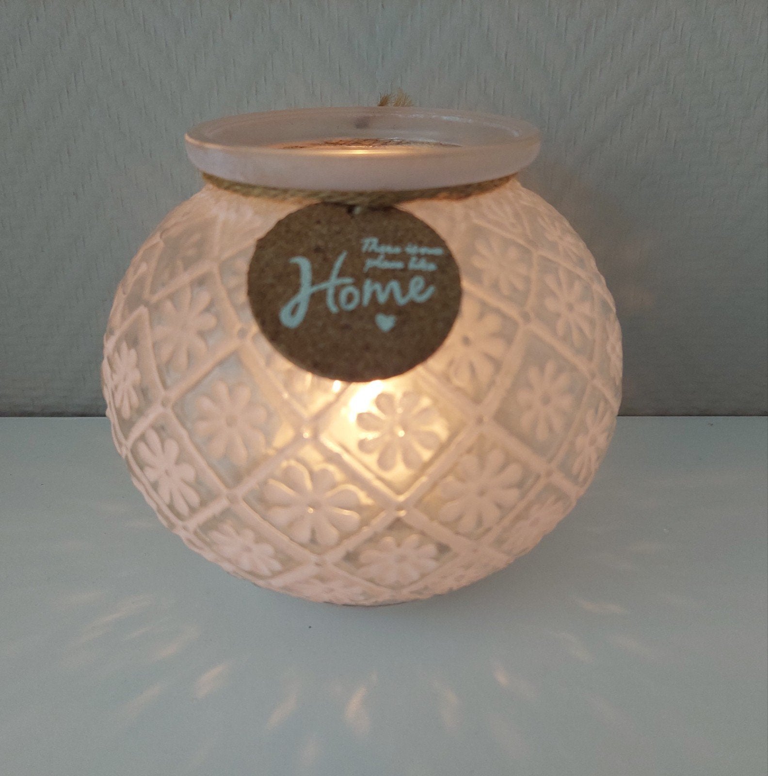 Waxinelichthouder glas lichtroze met bloemetjesmotief, Ophalen of Verzenden, Gebruikt, Roze, Glas
