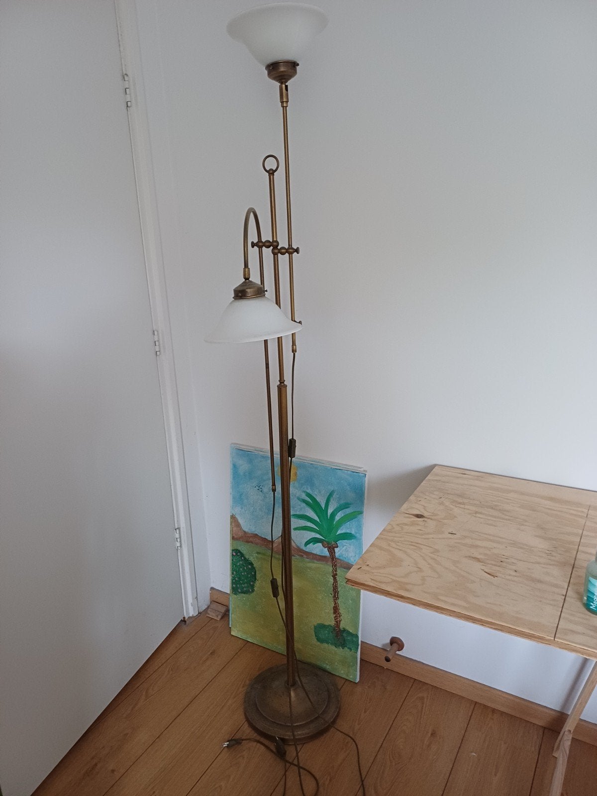 Messing vloerlamp met leeslamp, teab, Ophalen, Glas, Klassiek, 150 tot 200 cm
