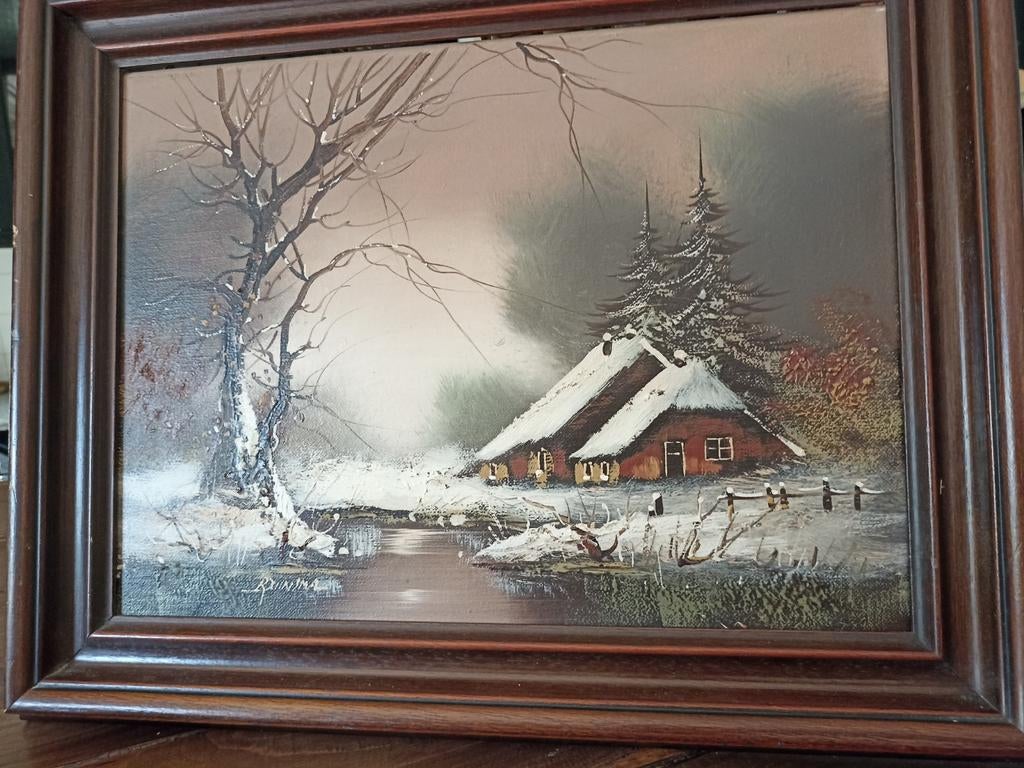 Schilderij Winterlandschap met Huisje en Rivier, Ophalen of Verzenden
