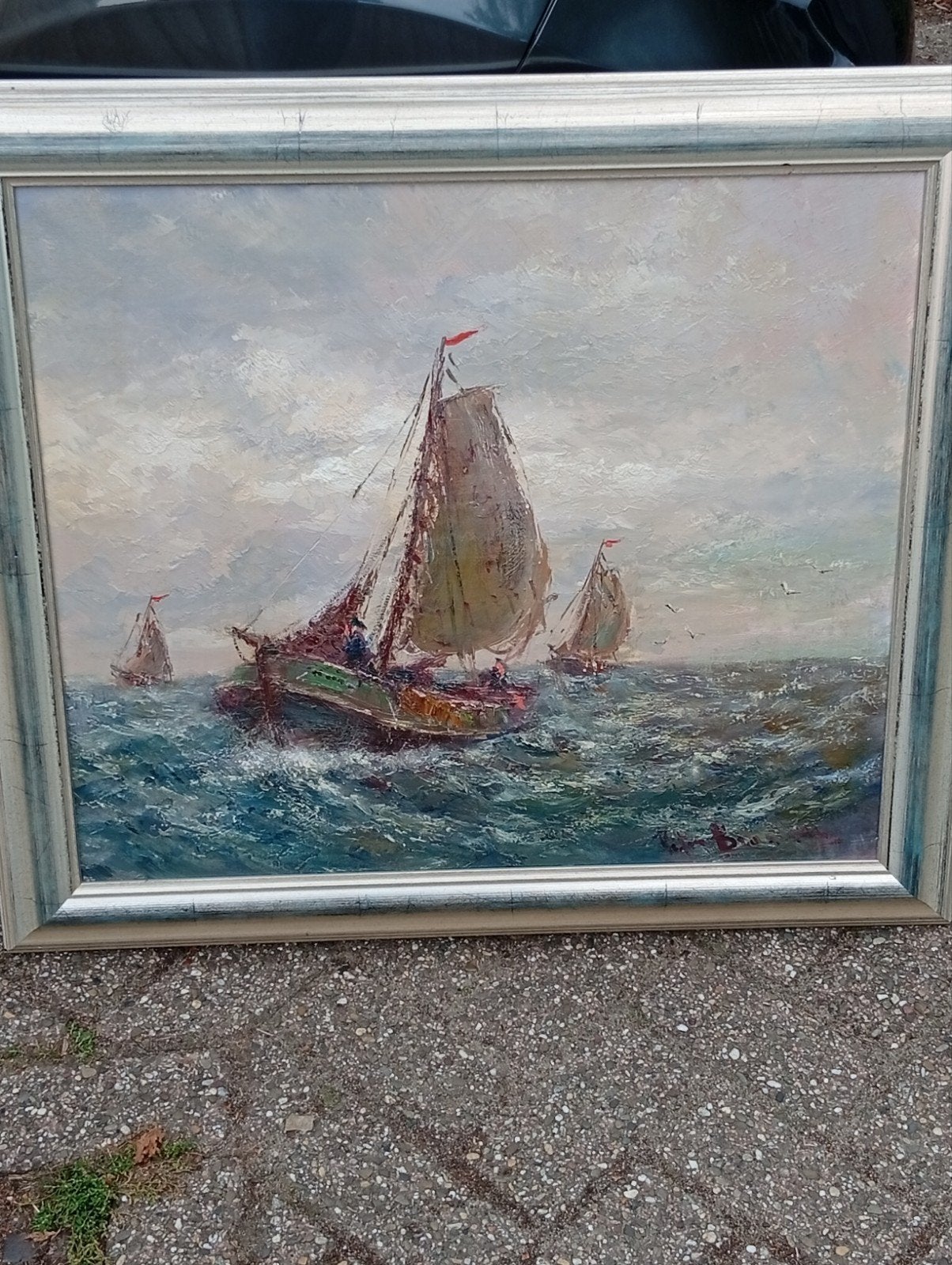 Schilderij met zeilschepen peter brouwer, Antiek en Kunst, Kunst | Schilderijen | Klassiek, Maritiem / water, Doek, Realistisch