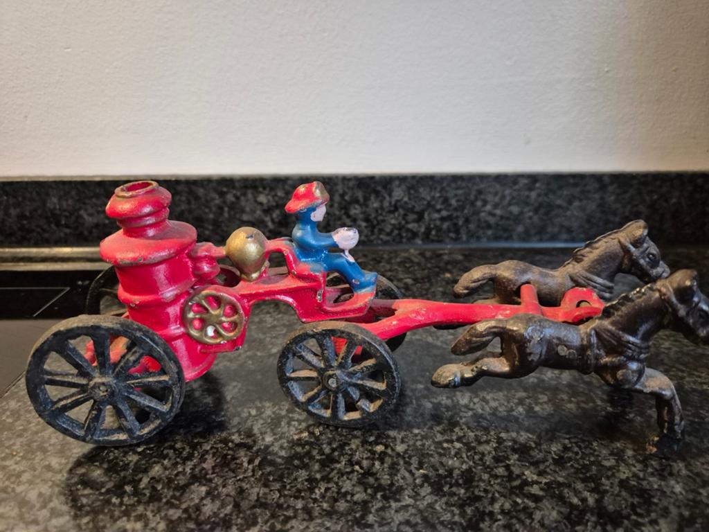 Antieke/Vintage gietijzeren brandweer met paarden, Ophalen of Verzenden