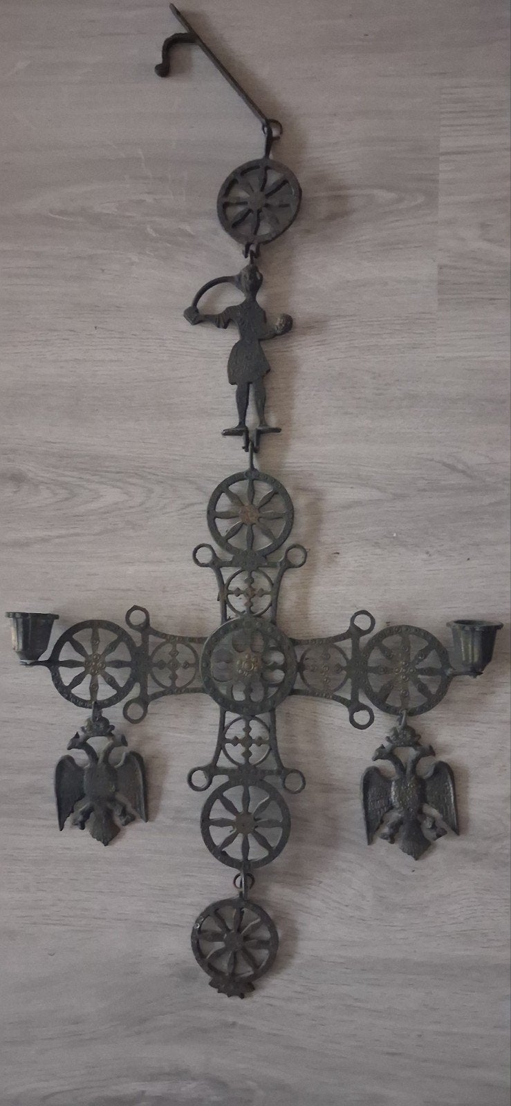 Antieke koperen wandkandelaar met dubbele adelaar, Ophalen of Verzenden, Koper of Brons