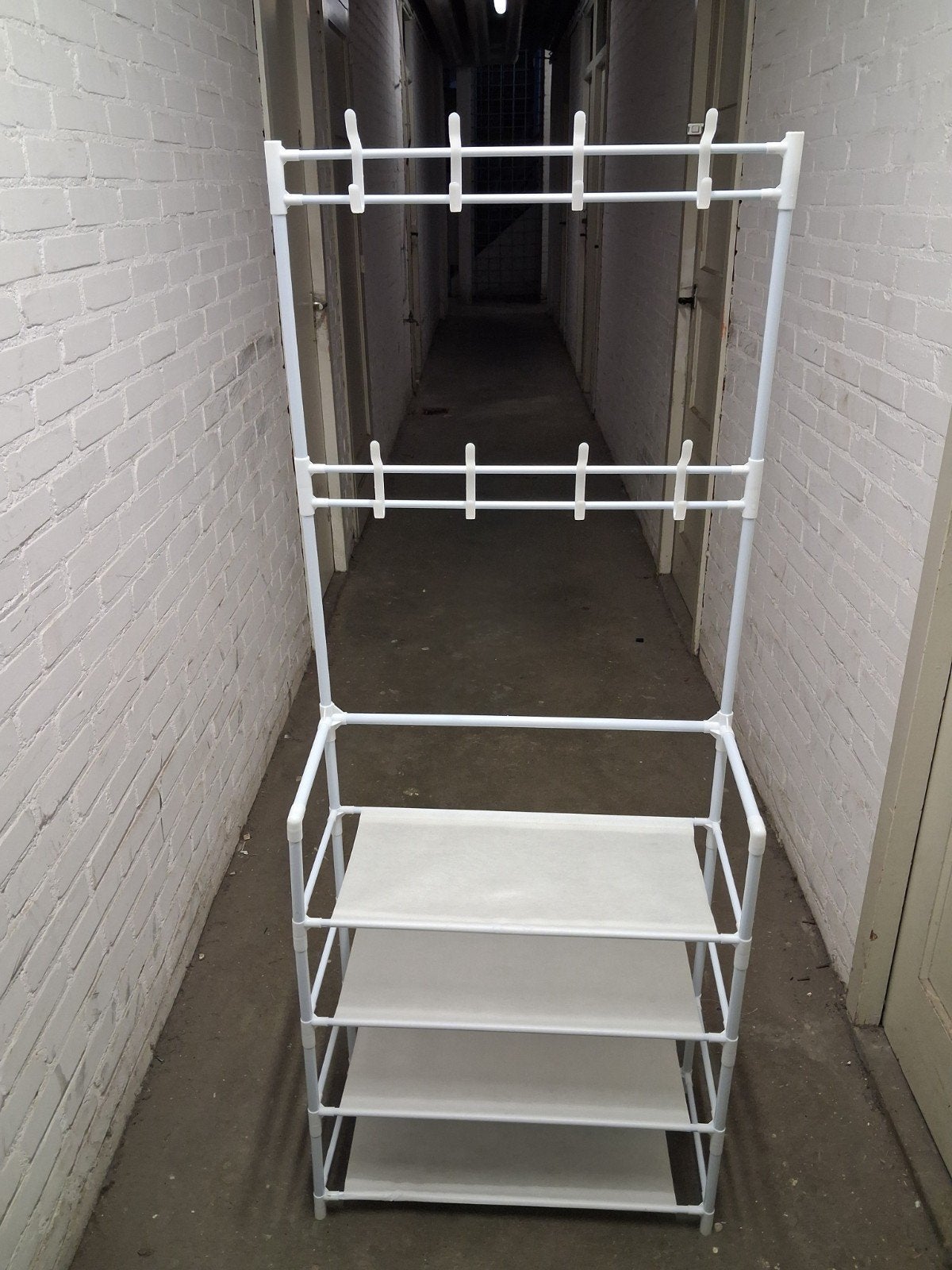 Wit rek met haken en planken - 155x60x26cm, Ophalen, Kunststof, Nieuw, Staande kapstok
