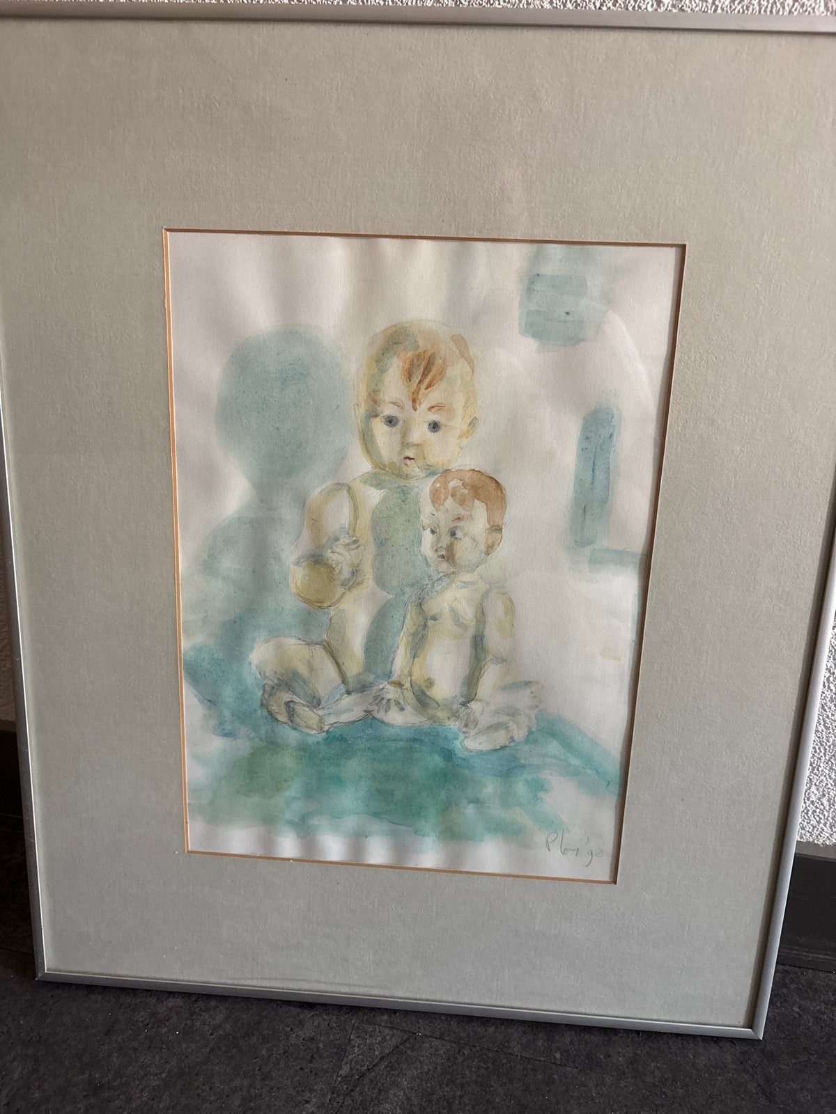 Schilderij: Twee Baby's - Aquarel, Overige stijlen, Portret of Personen, Ophalen of Verzenden, Gesigneerd