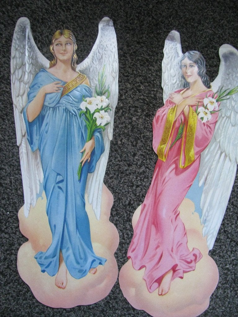 2 X Groot Vintage Poesieplaatje - Engel met Lelie 31 x 12 cm, Verzamelen, Verzenden