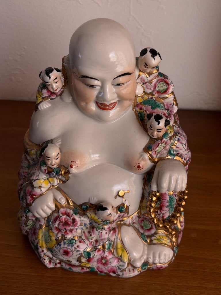 Grote vintage Chinese Boeddha met 5 kinderen, Huis en Inrichting, Woonaccessoires | Boeddhabeelden, 26 cm, Handgemaakt, Ophalen of Verzenden