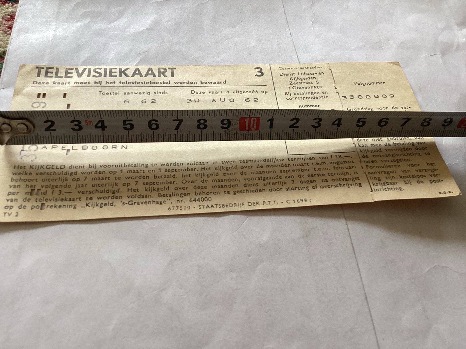 Televisiekaart PTT 1962 - Historisch Document, Ophalen of Verzenden, 1960 tot 1980, Nederland, Knipsel(s)