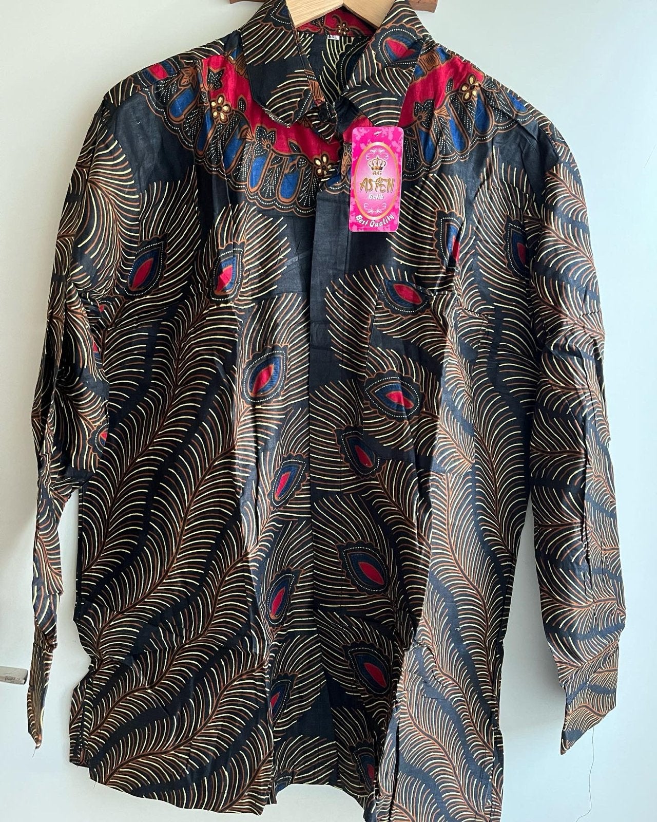 Batik Overhemd met Uniek Pauwenveer Patroon, Verzenden, Nieuw, Meerkleurig, Halswijdte 41/42 (L)