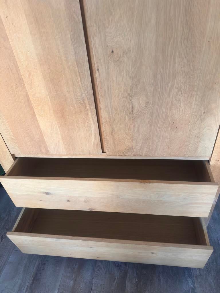 Massief eiken kast met lades en legplanken, Ophalen, Gebruikt, 100 tot 150 cm, Eikenhout