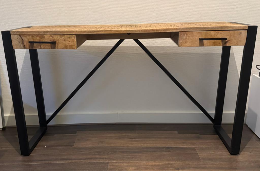 Mangohouten sidetable met 2 lades - 140x40 cm, 100 tot 150 cm, Ophalen of Verzenden, Zo goed als nieuw, Overige houtsoorten