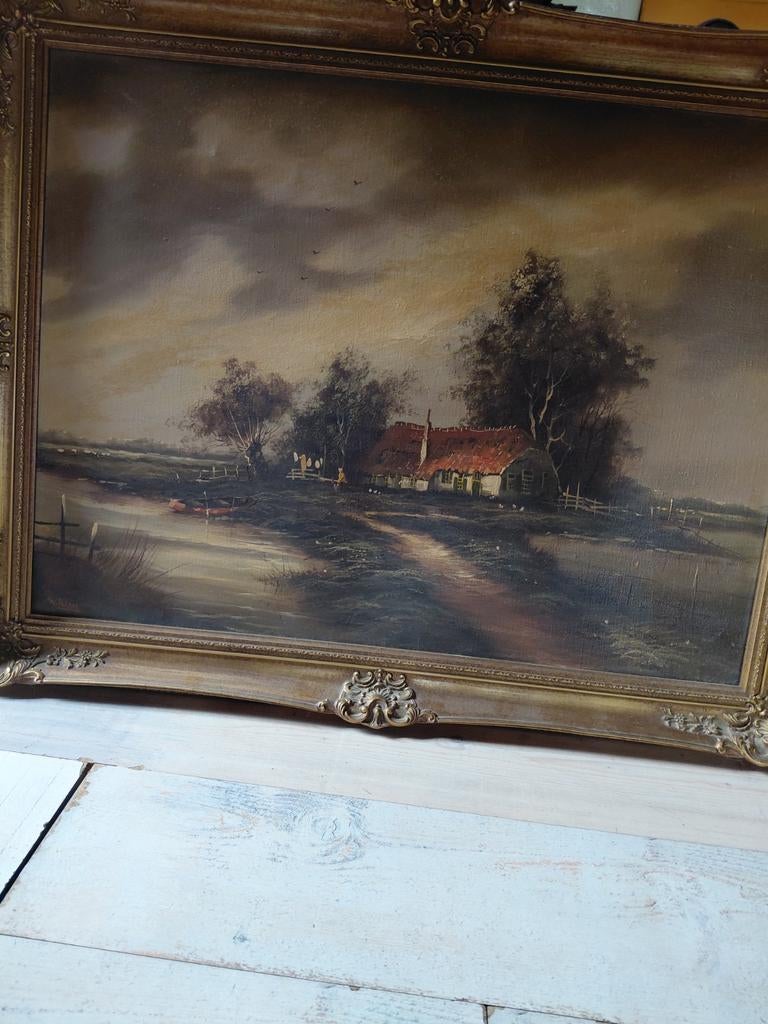 Oud Hollands Landschap Schilderij met Boerderij, Antiek en Kunst, Ophalen of Verzenden