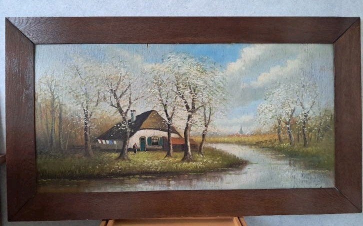 Oud olieverfschilderij boerderij met bloesembomen aan water, Antiek en Kunst, Kunst | Schilderijen | Klassiek, Ophalen, Paneel