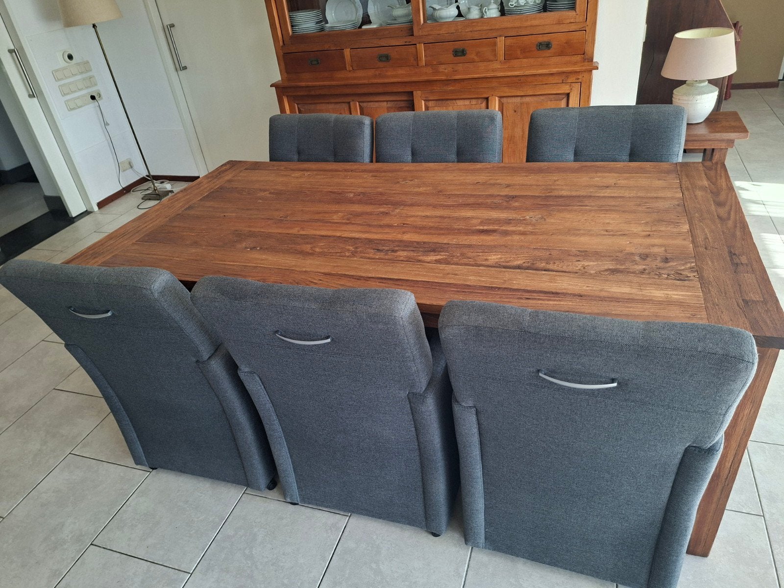 Teak houten eettafel met 6 stoelen, Ophalen, Gebruikt, Teakhout, 50 tot 100 cm