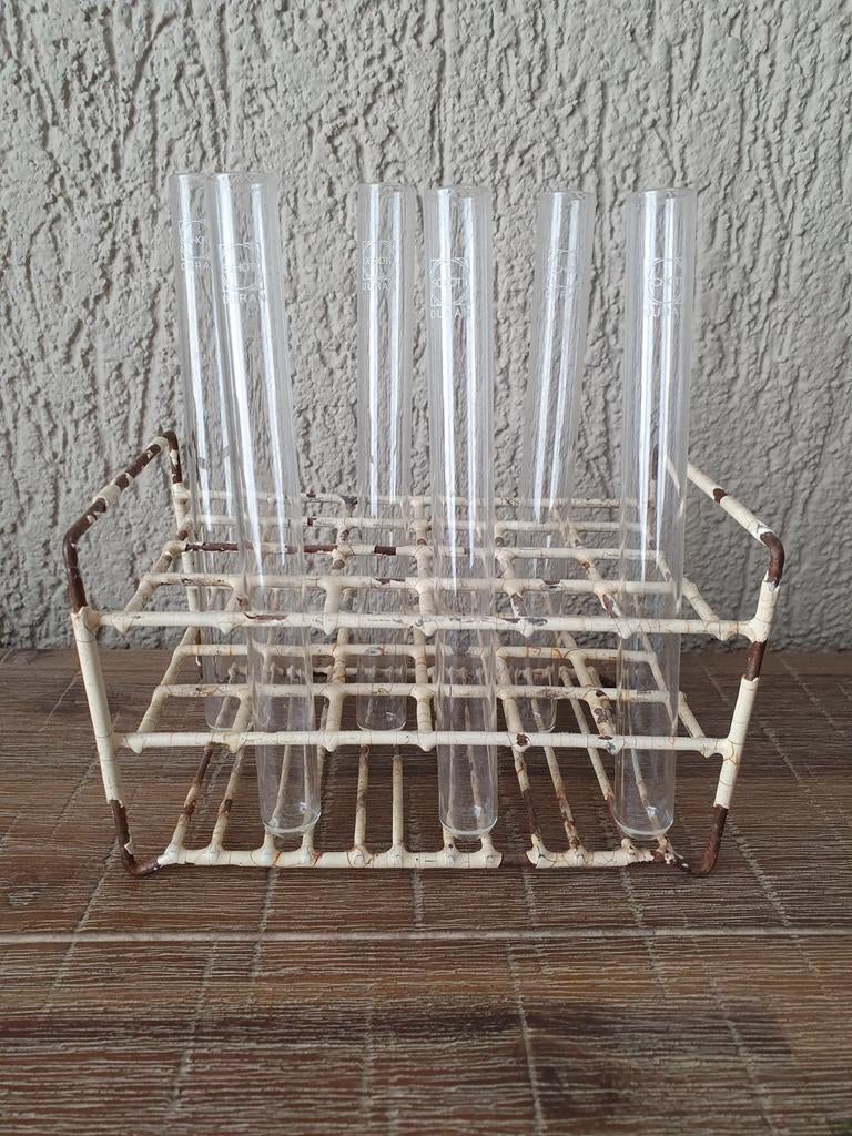 Vintage reageerbuisrek met 6 reageerbuizen Schott Duran, Ophalen of Verzenden