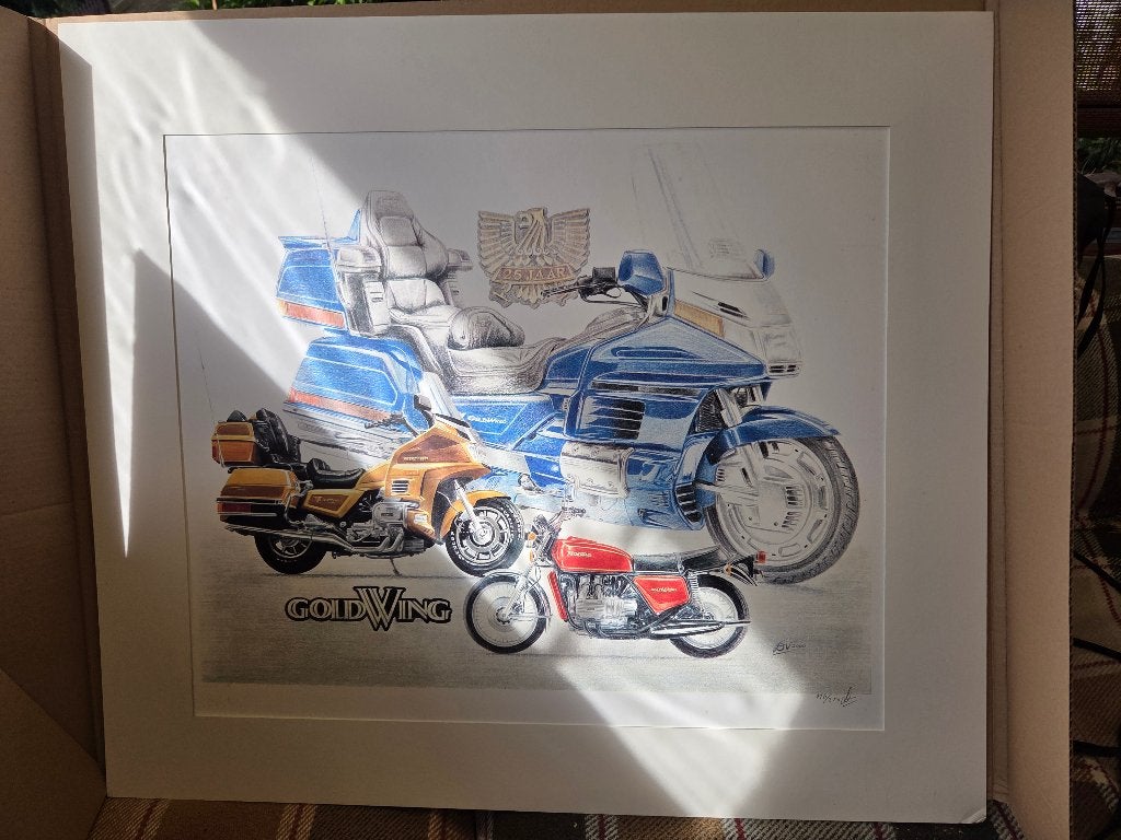 Poster tekening 25 jaar Honda Goldwing, Motoren, Ophalen, Zo goed als nieuw